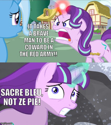 Size: 500x562 | Tagged: safe, edit, edited screencap, screencap, starlight glimmer, trixie, pony, unicorn, all bottled up, g4, the cutie map, angry, communism, female, floppy ears, french, frown, funny, glare, glowing horn, gritted teeth, horn, looking back, mare, meme, open mouth, running, s5 starlight, vein, wide eyes