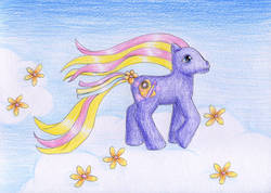 Size: 1280x911 | Tagged: safe, artist:normaleeinsane, dibble dabble, pony, g3, cloud, female, flower, solo, traditional art