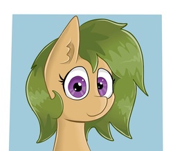 Size: 5496x4800 | Tagged: safe, artist:waffletheheadmare, oc, oc only, oc:sunberry, pony, absurd resolution, bust, ear fluff, female, green hair, green mane, head only, looking at you, mare, purple eyes, simple background, smiling, solo