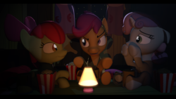 Size: 1920x1080 | Tagged: safe, artist:skylairo, apple bloom, scootaloo, sweetie belle, pegasus, pony, unicorn, g4, 3d, blicking, cutie mark crusaders, dark, food, ghost story, lamp, ponyville, popcorn, scary stories, scary story
