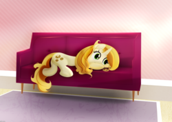 Size: 2619x1850 | Tagged: safe, artist:startledflowerpony, sweet biscuit, pony, g4, cookie, couch, female, food, solo