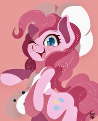 Size: 967x1192 | Tagged: safe, artist:tohupo, pinkie pie, earth pony, pony, g4, apron, chef's hat, clothes, colored pupils, cute, diapinkes, female, hat, mare, one eye closed, pink background, simple background, smiling, solo, wink
