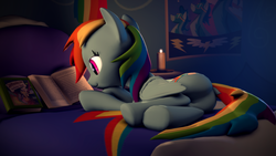 Size: 3840x2160 | Tagged: safe, artist:psfmer, rainbow dash, pony, g4, 3d, bed, book, butt, candle, candlelight, dock, female, high res, lying on bed, moonlight, plot, reading, smiling, solo, source filmmaker, wonderbolts poster