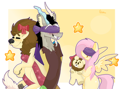 Size: 1280x905 | Tagged: safe, artist:opossum-stuff, discord, fluttershy, big cat, draconequus, lion, pegasus, pony, g4, blindfold, bow, female, gift giving, holding, hoof hold, male, mare, plushie, ship:discoshy, shipping, smiling, spread wings, straight, wings