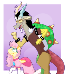 Size: 1280x1417 | Tagged: safe, artist:opossum-stuff, discord, fluttershy, draconequus, pegasus, pony, g4, alternate hairstyle, bowser, bowsercord, clothes, cosplay, costume, dress, female, flutterpeach, folded wings, freckles, looking up, male, mare, pink dress, princess peach, raised hoof, ship:discoshy, shipping, socks, spiked wristband, standing, straight, super mario bros., wings, wristband