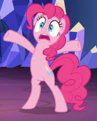 Size: 734x919 | Tagged: safe, screencap, pinkie pie, earth pony, pony, g4, shadow play, bipedal, cropped, female, hooves in air, mare, open mouth, solo focus, underhoof, wide eyes