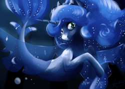 Size: 3510x2490 | Tagged: safe, artist:filama, princess luna, alicorn, seapony (g4), g4, blue mane, blue tail, blue wings, blushing, bubble, clothes, crepuscular rays, crown, cute, digital art, dorsal fin, ethereal mane, ethereal tail, female, fin, fin wings, fins, fish tail, flowing tail, green eyes, happy, high res, horn, jewelry, looking at you, mare, moonlight, night, ocean, regalia, scales, seaponified, seapony luna, see-through, signature, smiling, smiling at you, solo, sparkles, species swap, spread wings, starry mane, starry tail, starry wings, stars, swimming, tail, underwater, water, wings