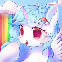 Size: 1800x1800 | Tagged: safe, artist:leafywind, oc, oc only, alicorn, pony, alicorn oc, blushing, cloud, cute, female, hairpin, mare, ocbetes, open mouth, rainbow, rainbow waterfall, sky, solo, starry eyes, wingding eyes
