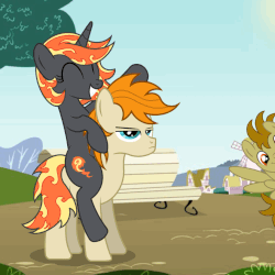 Size: 840x840 | Tagged: safe, artist:pizzamovies, derpibooru exclusive, oc, oc:incendia, oc:pizzamovies, oc:twister breeze, pony, animated, bench, blinking, building, cutie mark, eyes closed, female, gif, grass, incendia riding pizzamovies, male, mare, ponies riding ponies, ponyville, riding, sky, stallion, town, tree, unamused, waving, windmill