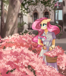 Size: 2700x3080 | Tagged: safe, artist:xjenn9, fluttershy, anthro, g4, basket, blushing, clothes, cute, female, floppy ears, high res, shyabetes, signature, smiling, solo, tree