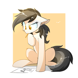 Size: 1000x1000 | Tagged: safe, artist:morningbullet, oc, oc only, oc:noot, earth pony, pony, drawing, female, floppy ears, mare, mouth hold, pencil, sitting, solo