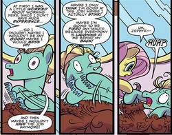 Size: 512x402 | Tagged: safe, artist:kate sherron, idw, official comic, fluttershy, yona, zephyr breeze, pegasus, pony, g4, spoiler:comic74, comb, cropped, faic, female, nervous, offscreen character, relatable, stressed