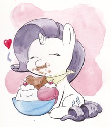 Size: 1905x2189 | Tagged: safe, artist:lost marbles, rarity, pony, unicorn, g4, abstract background, bowl, cherry, chibi, cute, eating, eyes closed, female, food, heart, ice cream, messy eating, raribetes, sitting, smiling, solo, this will end in weight gain, traditional art