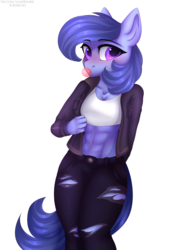 Size: 2907x4200 | Tagged: safe, artist:sukiskuki, oc, oc only, oc:raylanda, earth pony, anthro, abs, anthro oc, bubblegum, clothes, food, gum, jeans, looking at you, midriff, pants, ripped jeans, shirt, simple background, solo, t-shirt, transparent background