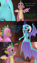 Size: 1920x3240 | Tagged: safe, artist:papadragon69, princess ember, spike, dragon, comic:spike's cyosa, g4, 3d, cave, comic, cyoa, female, male, older, older spike, ship:emberspike, shipping, source filmmaker, straight, teenage spike, teenaged dragon, teenager, tired, winged spike, wings