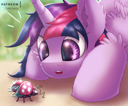 Size: 2430x2025 | Tagged: safe, artist:shad0w-galaxy, twilight sparkle, alicorn, insect, ladybug, pony, g4, adorkable, cute, ear fluff, female, fluffy, high res, hilarious in hindsight, mare, open mouth, shiny, solo, twiabetes, twilight sparkle (alicorn)
