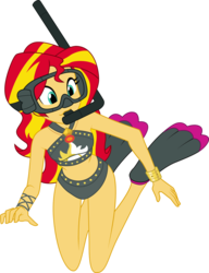 Size: 1024x1335 | Tagged: safe, artist:shoxxe, artist:zefrenchm, sunset shimmer, equestria girls, equestria girls series, g4, bikini, clothes, colored, dive mask, female, flippers (gear), geode of empathy, goggles, magical geodes, simple background, snorkel, solo, sunset shimmer's beach shorts swimsuit, swimsuit, transparent background, vector