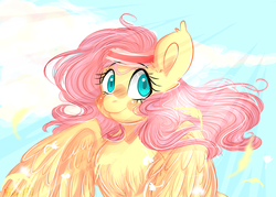 Size: 2898x2070 | Tagged: safe, artist:inkwellartz, fluttershy, pegasus, pony, g4, hurricane fluttershy, bright, bust, chest fluff, crepuscular rays, cute, feather, female, high res, looking at you, mare, outdoors, portrait, shyabetes, sky, smiling, solo, sweatband, three quarter view, windswept mane, wings