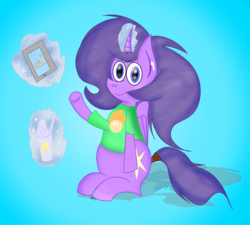 Size: 1998x1799 | Tagged: safe, artist:wonderschwifty, oc, oc:wonder sparkle, pony, clothes, ipad, shirt, sitting, solo, t-shirt