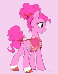 Size: 706x897 | Tagged: safe, artist:luciferamon, pinkie pie, earth pony, pony, g4, alternate hairstyle, butt, clothes, cute, diapinkes, dock, female, mare, open mouth, pink background, plot, simple background, smiling, solo