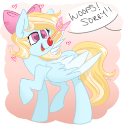 Size: 986x997 | Tagged: safe, artist:cadetredshirt, oc, oc only, oc:cloudcake, pegasus, pony, apology, arrow, bow, female, hair bow, love, mare, offscreen character, simple background, solo, walking, wingding eyes, wings, ych result