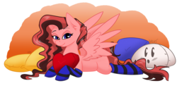 Size: 1280x642 | Tagged: safe, artist:cadetredshirt, oc, oc only, oc:scarlett, pegasus, pony, bedroom eyes, blushing, clothes, cushion, gradient background, heart, heart eyes, long hair, long mane, looking at you, lying down, pillow, simple background, socks, solo, striped socks, wingding eyes, wings, ych example, ych result