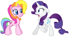 Size: 833x435 | Tagged: artist needed, safe, rarity, rarity (g3), pony, unicorn, g3, g3.5, g4, duo, duo female, female, generational ponidox, mare, shocked, simple background, white background