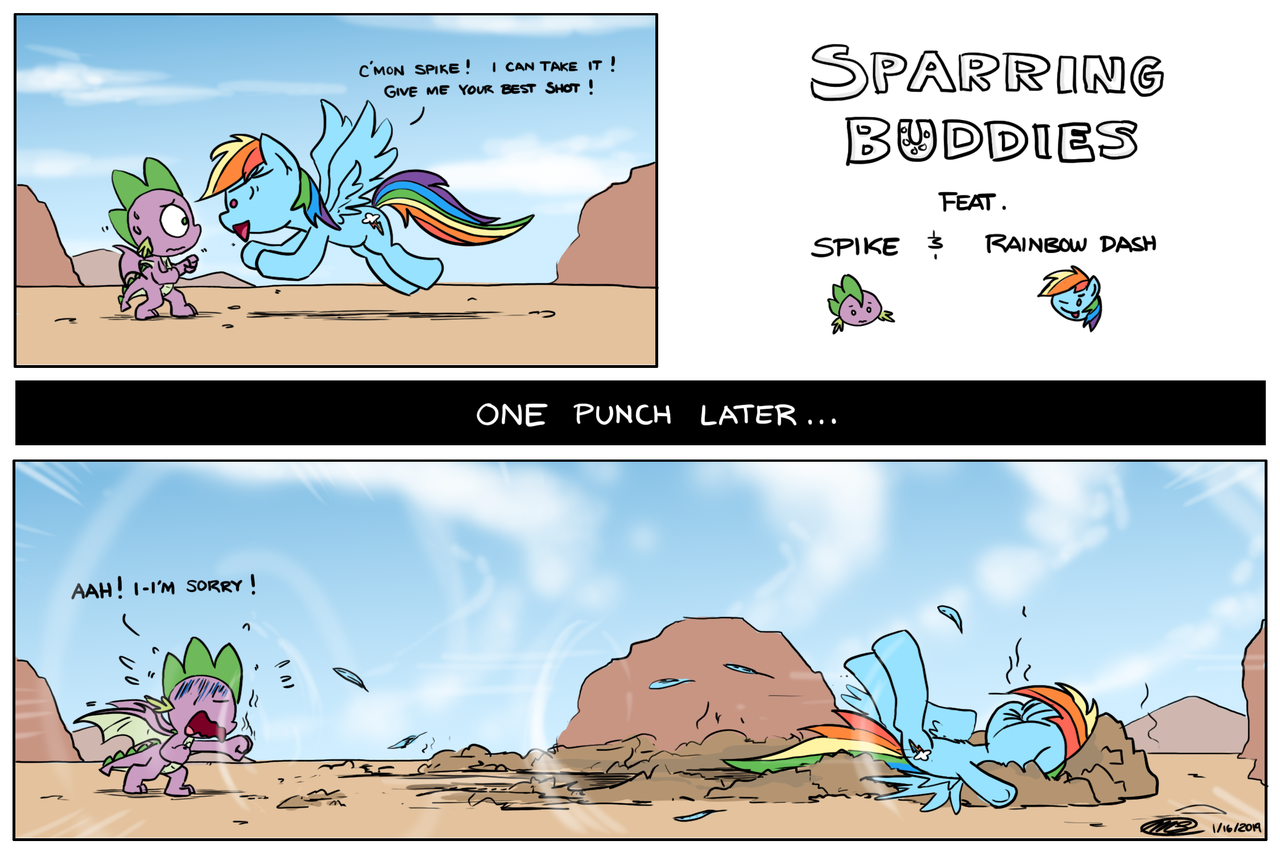 1940241 - safe, artist:loreto-arts, rainbow dash, spike, pegasus, pony, g4,  abuse, comic, dashabuse, desert, dialogue, dragon ball, dragon ball super,  female, impacted face, knock out, male, mare, on back, rock, what were