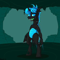 Size: 2953x2953 | Tagged: safe, artist:rubiont, oc, oc only, oc:change, changeling, anthro, anthro oc, blue changeling, cave, changeling oc, glowing eyes, hand, high res, male, solo