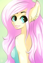 Size: 1600x2300 | Tagged: safe, artist:lucaaegus, fluttershy, anthro, g4, clothes, cute, female, gradient background, lipstick, looking back, shyabetes, solo