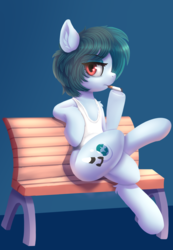 Size: 1872x2700 | Tagged: safe, artist:alexander56910, oc, oc only, oc:delta vee, pony, bench, chest fluff, crossed legs, cutie mark, ear fluff, looking at you, simple background, smoking, solo