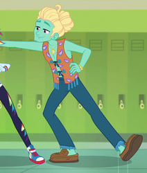 Size: 802x945 | Tagged: safe, screencap, rainbow dash, zephyr breeze, equestria girls, g4, my little pony equestria girls: better together, overpowered (equestria girls), ankles, arms, canterlot high, clothes, converse, cropped, hair bun, hippie, lockers, male, manbun, moccasins, no socks, offscreen character, pants, shoes, smiling, sneakers, zephyr's necklace
