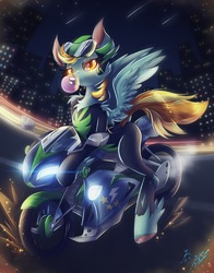Size: 2894x3691 | Tagged: safe, artist:alexbluebird, lightning dust, pegasus, pony, g4, biker, bubblegum, city, clothes, cool, featured image, female, food, gum, high res, leather, mare, motorcycle, night, scenery, scenery porn, signature, solo, speedpaint available, uniform, washouts uniform