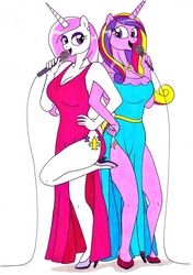 Size: 2464x3491 | Tagged: safe, artist:killerteddybear94, fleur-de-lis, princess cadance, alicorn, unicorn, anthro, g4, beautisexy, big breasts, breasts, busty fleur-de-lis, busty princess cadance, cleavage, clothes, cutie mark, dress, duet, duo, ear piercing, earring, female, hand on hip, high heels, high res, jewelry, legs, linked arms, looking at each other, microphone, necklace, open mouth, piercing, raised leg, shoes, side slit, singing, smiling, standing, standing on one leg, total sideslit, traditional art
