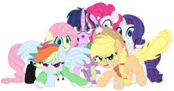 Size: 1280x670 | Tagged: safe, artist:bezziie, applejack, fluttershy, pinkie pie, rainbow dash, rarity, spike, twilight sparkle, pony, g4, alternate design, bandage, bandaid, bandaid on nose, clothes, glasses, mane seven, mane six, scar, simple background, transparent background