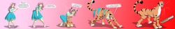 Size: 6000x1000 | Tagged: safe, artist:tfsubmissions, fluttershy, big cat, tiger, equestria girls, equestria girls series, g4, clothes, dialogue, dress, feral, gradient background, growling, ripping clothes, speech bubble, speech change, tigershy, transformation, transformation sequence