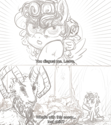 Size: 1400x1576 | Tagged: safe, artist:plotcore, cozy glow, grogar (g1), pegasus, pony, g1, g4, description is relevant, dialogue, drawthread, female, filly, hilarious in hindsight, monochrome, one punch man, ponified, simple background, subtitles, white background