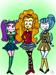 Size: 960x1280 | Tagged: safe, artist:miss---mystery, adagio dazzle, aria blaze, sonata dusk, equestria girls, g4, clothes, crossed arms, crossover, cute, heathers, mary janes, miniskirt, musical, open mouth, pigtails, pleated skirt, ponytail, shoes, skirt, socks, starry eyes, the dazzlings, thigh highs, thigh socks, trio, twintails, wingding eyes, zettai ryouiki