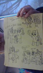 Size: 716x1198 | Tagged: safe, artist:nightshadowmlp, bon bon, lyra heartstrings, sweetie drops, human, equestria girls, g4, exclamation point, female, flower, glowing horn, horn, irl, irl human, lesbian, lined paper, meme, paper, photo, secret agent sweetie drops, ship:lyrabon, shipping, sitting, sitting lyra, sunglasses, traditional art
