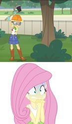 Size: 486x840 | Tagged: safe, artist:jucamovi1992, edit, screencap, applejack, fluttershy, diy with applejack, equestria girls, g4, my little pony equestria girls: better together, axe, geode of super strength, goggles, implied fluttertree, magical geodes, scared, tree