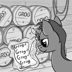 Size: 8000x8000 | Tagged: safe, artist:pbnflash, oc, oc only, pony, unicorn, buck legacy, absurd resolution, alcohol, barrel, black and white, card art, grayscale, grog, monochrome, paper, parchment, pirate ship, quill, rope, solo, wooden floor, wooden walls