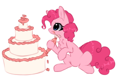 Size: 1340x872 | Tagged: dead source, safe, artist:php146, pinkie pie, earth pony, pony, g4, cake, chest fluff, female, food, hoof hold, mare, simple background, solo, tongue out, white background