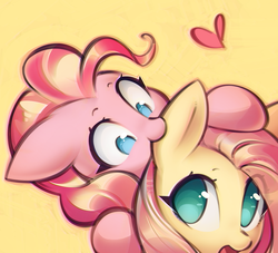 Size: 1220x1109 | Tagged: safe, artist:mirroredsea, fluttershy, pinkie pie, earth pony, pegasus, pony, g4, biting, cute, diapinkes, duo, ear bite, female, floating heart, heart, lesbian, looking up, mare, nom, open mouth, ship:flutterpie, shipping, shyabetes, simple background, smiling, surprised, wide eyes, yellow background