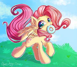 Size: 2874x2509 | Tagged: safe, artist:chaosangeldesu, fluttershy, pegasus, pony, g4, :t, blushing, cheek fluff, chest fluff, cute, daaaaaaaaaaaw, donut, female, food, grass, high res, hnnng, leg fluff, looking at you, mare, mouth hold, nom, outdoors, raised hoof, shyabetes, signature, smiling, solo, spread wings, three quarter view, weapons-grade cute, wing fluff, wings