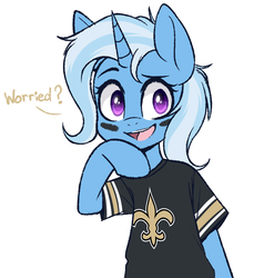 Size: 1181x1240 | Tagged: safe, artist:higglytownhero, trixie, pony, unicorn, g4, american football, clothes, cute, dialogue, diatrixes, female, jersey, mare, new orleans saints, nfl, nfl playoffs, open mouth, shirt, simple background, solo, sports, white background