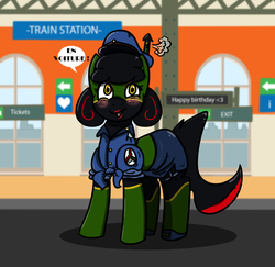 Size: 1000x970 | Tagged: safe, artist:n-o-n, oc, oc:noi stirling, pony, train pony, clothes, hat, lipstick, makeup, red lipstick, shirt, side slit, skirt, tchoo tchoo, train station, tube skirt, uniform, wtf