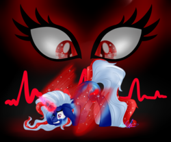 Size: 1024x849 | Tagged: safe, artist:daringashia, trixie, oc, oc:burning passion, oc:nightmarish illusion, alicorn, pony, unicorn, g4, alicornified, black background, corrupted, crying, ethereal wings, eye, eyes, face down ass up, floppy ears, glowing horn, gritted teeth, head in hooves, horn, nightmare trixie, nightmarified, one eye closed, race swap, simple background, slit pupils, striped mane, trixiecorn, unwilling