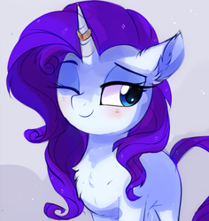 Size: 827x877 | Tagged: safe, artist:aureai, rarity, pony, unicorn, g4, blank flank, blushing, bust, chest fluff, cute, ear fluff, female, floppy ears, fluffy, happy, horn, horn ring, looking at something, mare, one eye closed, raribetes, ring, smiling, solo