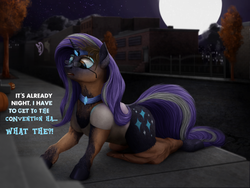 Size: 1000x750 | Tagged: safe, alternate version, artist:geoffrey mcdermott, artist:jrain9110, nightmare rarity, pony, unicorn, were-pony, g4, bucket, clothes, commission, cutie mark, dialogue, eyeshadow, female, full moon, glasses, glowing, halloween, holiday, horn, horn ring, human to pony, jewelry, makeup, male to female, mare, mid-transformation, moon, necklace, night, open mouth, outdoors, pants, pumpkin, rule 63, solo, speech change, street, tiara, transformation, transgender transformation, tree, urban