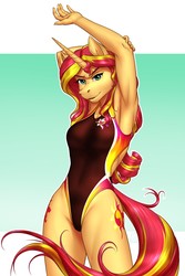 Size: 1900x2850 | Tagged: safe, artist:mykegreywolf, sunset shimmer, unicorn, anthro, equestria girls, g4, armpits, breasts, clothes, female, high-cut clothing, hoers, mare, one-piece swimsuit, open-back swimsuit, reasonably sized breasts, smiling, solo, sports, sports swimsuit, stretching, swimsuit